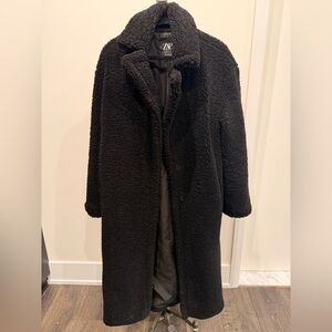 Zara Black Teddy Long Coat - Plush Button-Front
